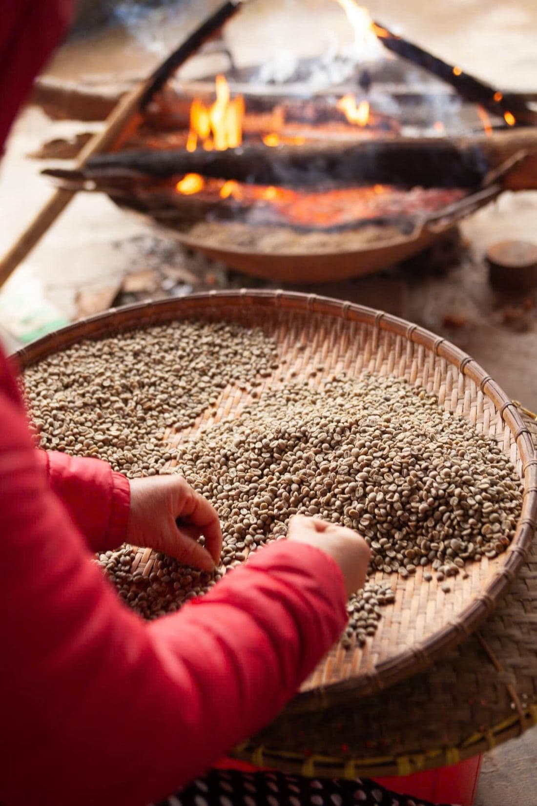 Hand-sorting green beans on a bamboo tray